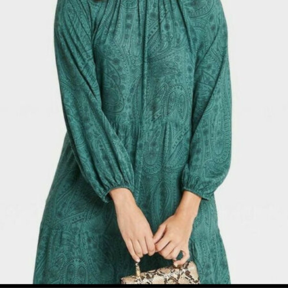 A NEW DAY Dress Printed Floral Boho Green Long Sleeve Tiered Womens - Picture 3 of 8